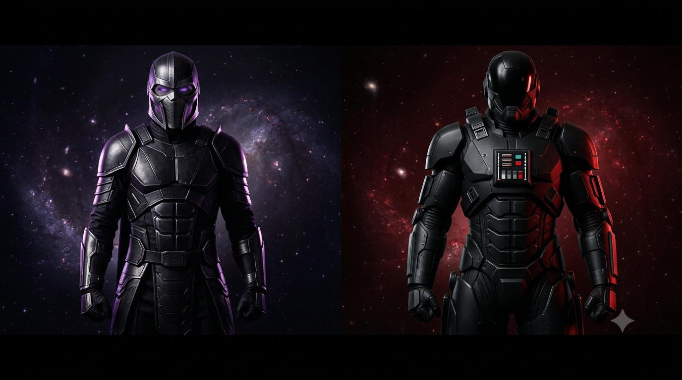Alt文本: Side-by-side comparison of Darth Revan and Darth Vader, the two greatest Star Wars redemption arcs, featuring purple and red lightsabers.