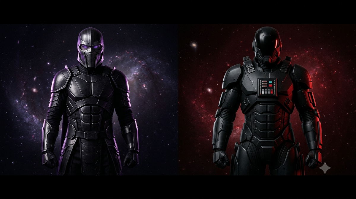 Alt文本: Side-by-side comparison of Darth Revan and Darth Vader, the two greatest Star Wars redemption arcs, featuring purple and red lightsabers.