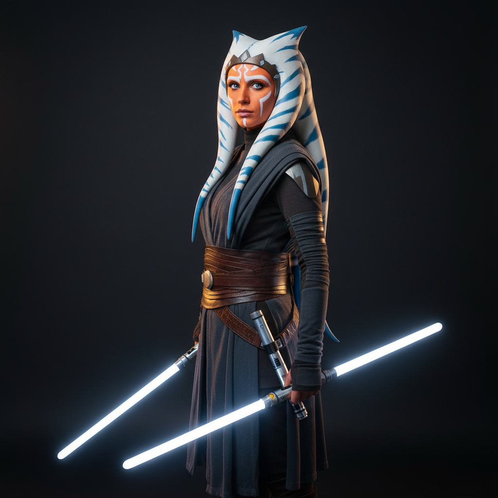 Ahsoka Tano cosplay in the adult live-action version — tall striped montrals, three blue-white head-tails, orange skin with white markings and two white-bladed curved lightsabers held in reverse grip against a dark studio background