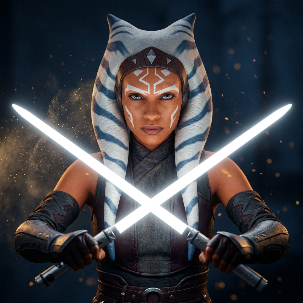 Ahsoka Tano, Togruta Jedi survivor, holding two white-bladed sabers in reverse grip — character guide hero image