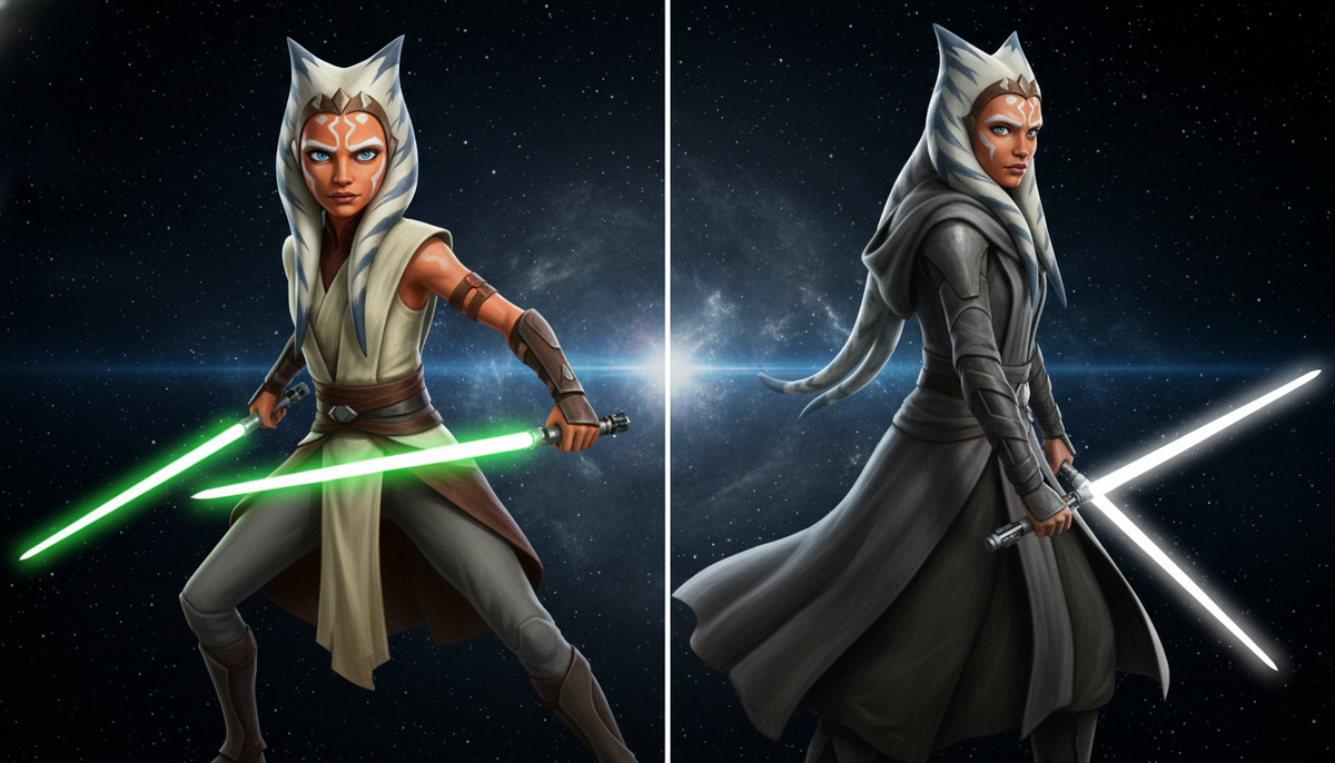 Split image of young Ahsoka with green dual sabers and older Ahsoka with white dual curved sabers