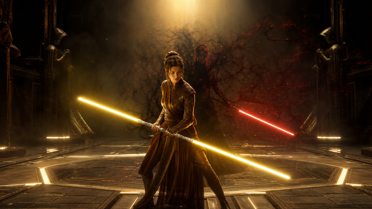 Bastila Shan with yellow double-bladed lightsaber and dark side doppelganger with red saber on Star Forge, conflict and redemption