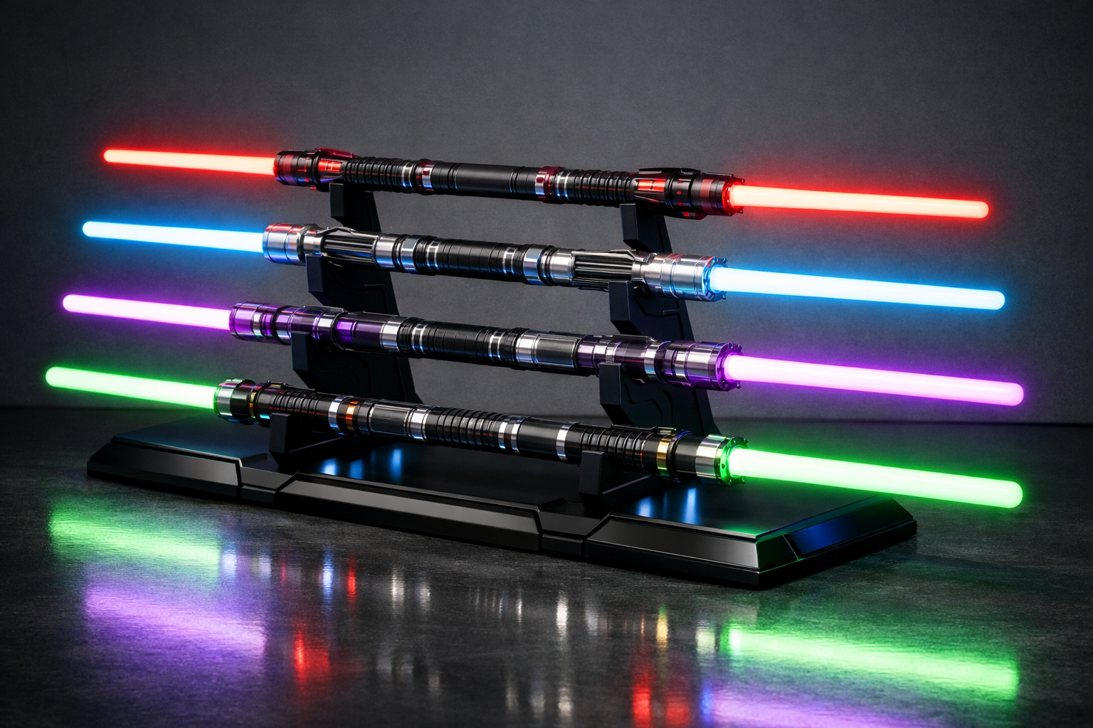 A collection of the best double-bladed Neopixel lightsabers for sale in 2026, glowing in red, blue, purple, and green on a display stand.