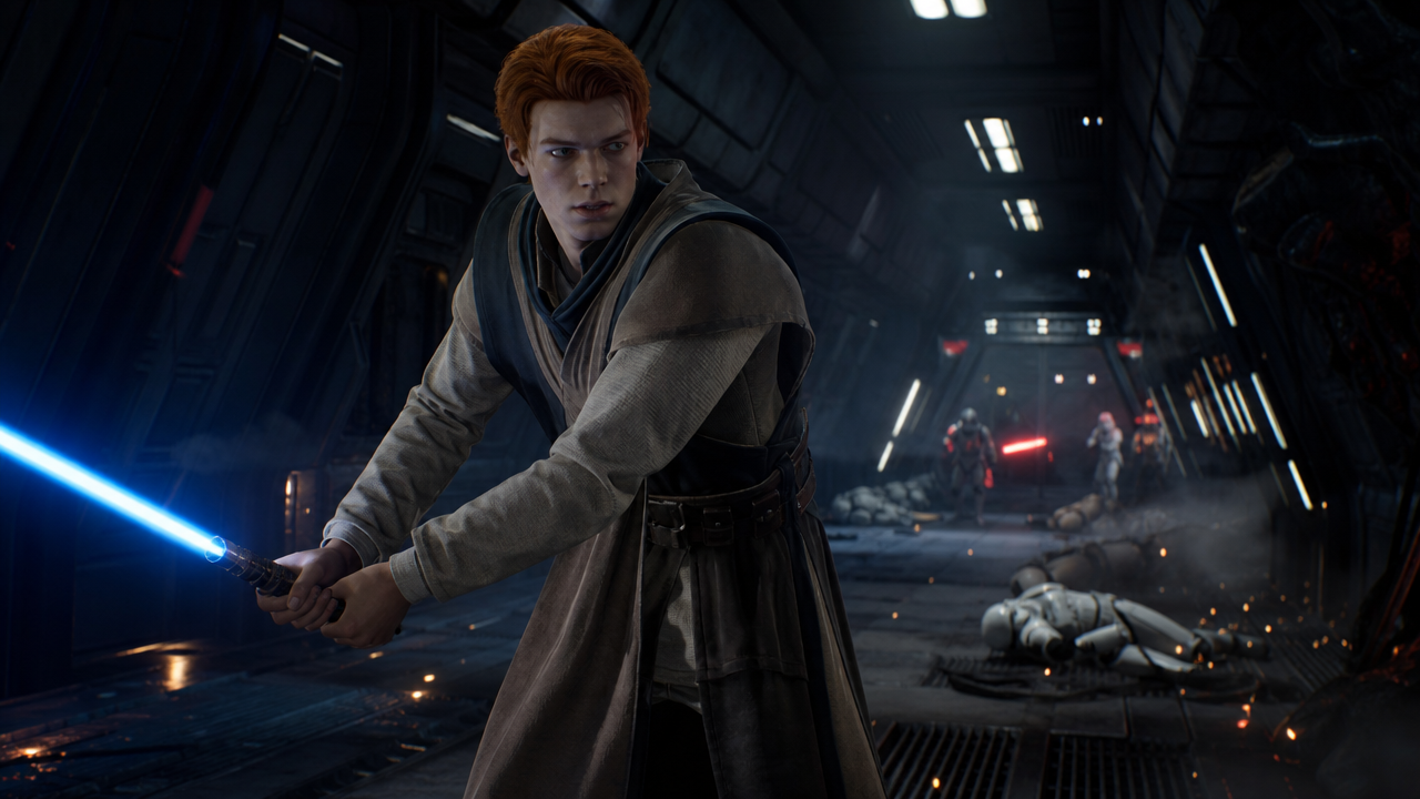 Cal Kestis as a Padawan with blue lightsaber aboard the Albedo Brave during Order 66 — Jedi Fallen Order scene