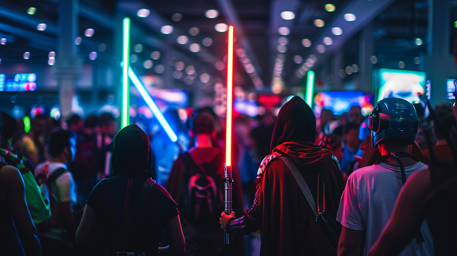 Wide angle view of a convention hall with multiple Star Wars cosplayers, lightsaber blades glowing in blue, red, green and white visible in the crowd, cinematic documentary style