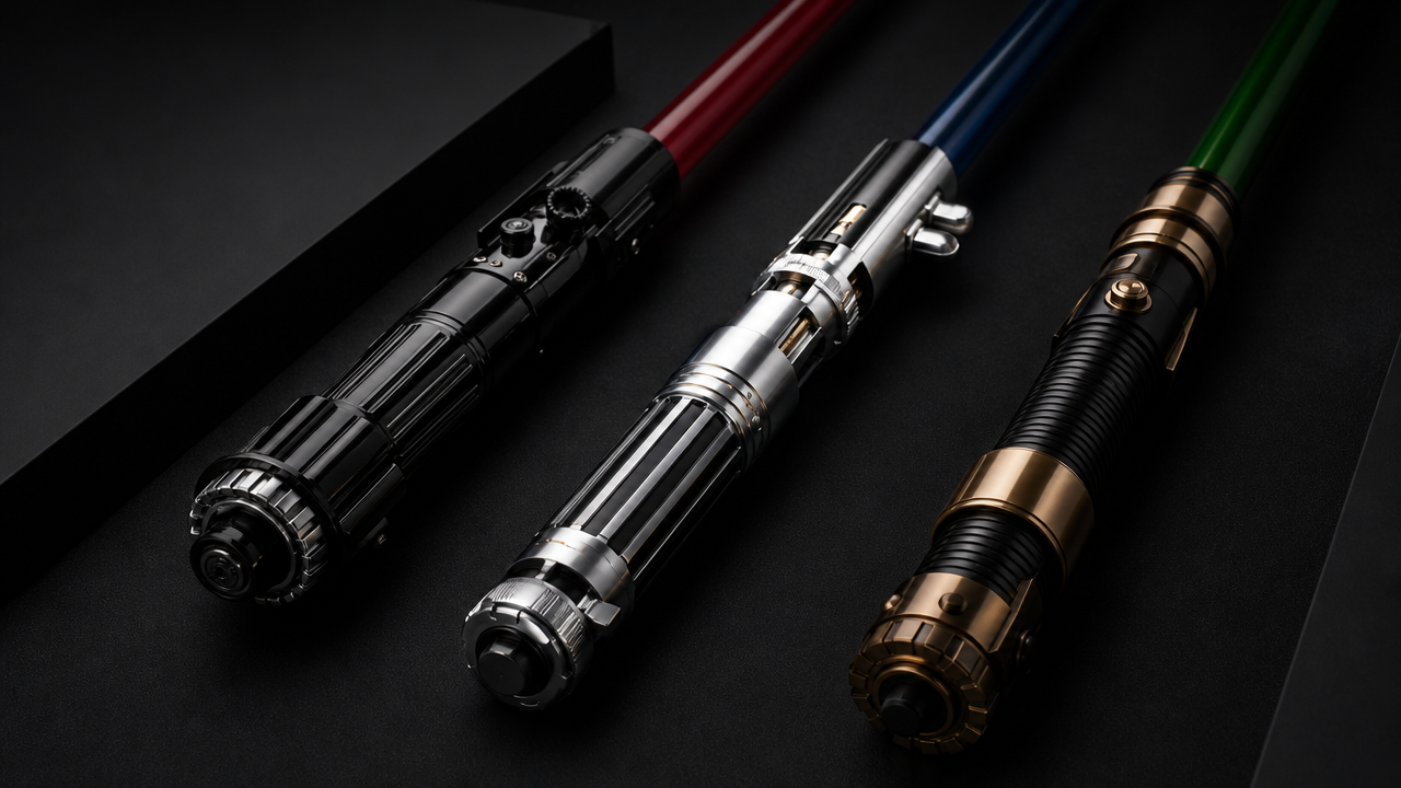 Three premium collector lightsabers: Vader DV5, Anakin EP3, and Qui-Gon on black surface