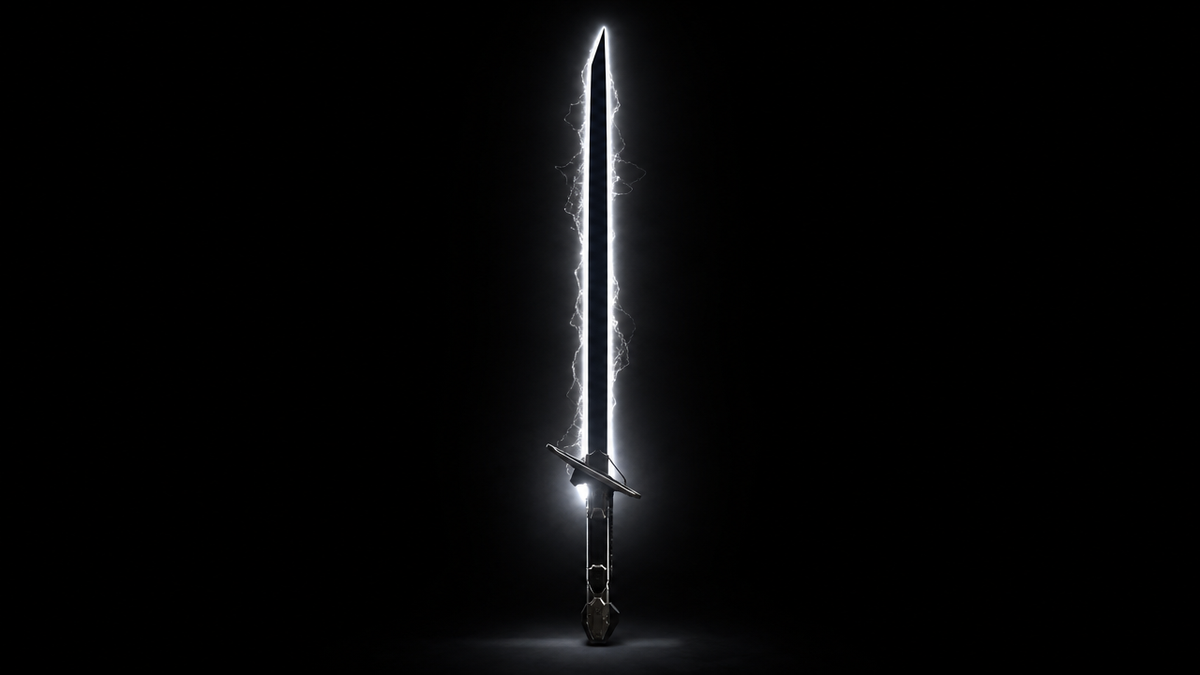 The Darksaber symbol of earned Mandalorian leadership, vertical composition with black blade and white corona