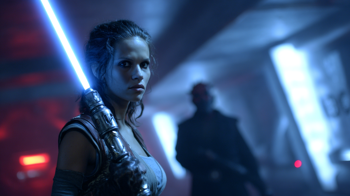 Devon Izara ignites her blue lightsaber in a dark Imperial corridor as Darth Maul watches from the shadows — Shadow Lord Episode 3–4 setup