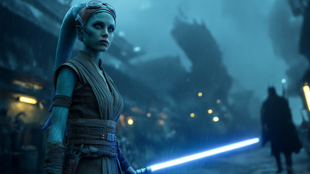 Devon Izara, the Twi'lek Padawan from SW: Maul – Shadow Lord, looking conflicted between her blue Jedi lightsaber and the shadow of Maul.