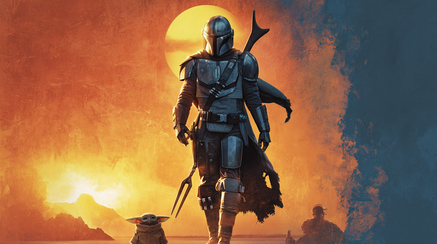Din Djarin in Beskar armor with Beskar short sword, Grogu beside him, Darksaber fading in background, split past and present