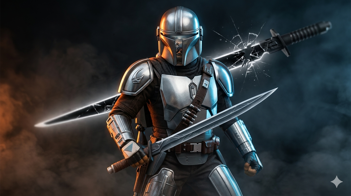 Din Djarin in full Beskar armor holding new gladius short sword, shattered Darksaber cracking apart in background — The Mandalorian and Grogu 2026 film