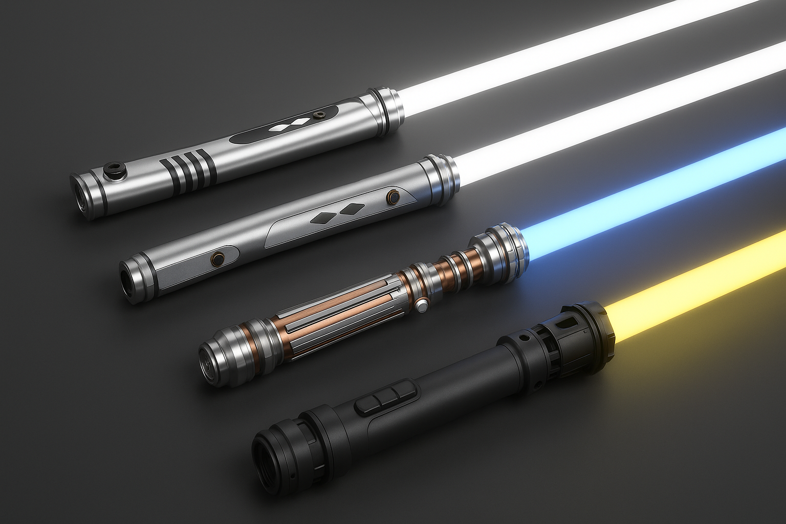 Collection of legendary female Jedi lightsabers including Ahsoka Tano's white dual blades, Rey Skywalker's yellow saber, and Leia Organa's elegant blue lightsaber with mother-of-pearl details