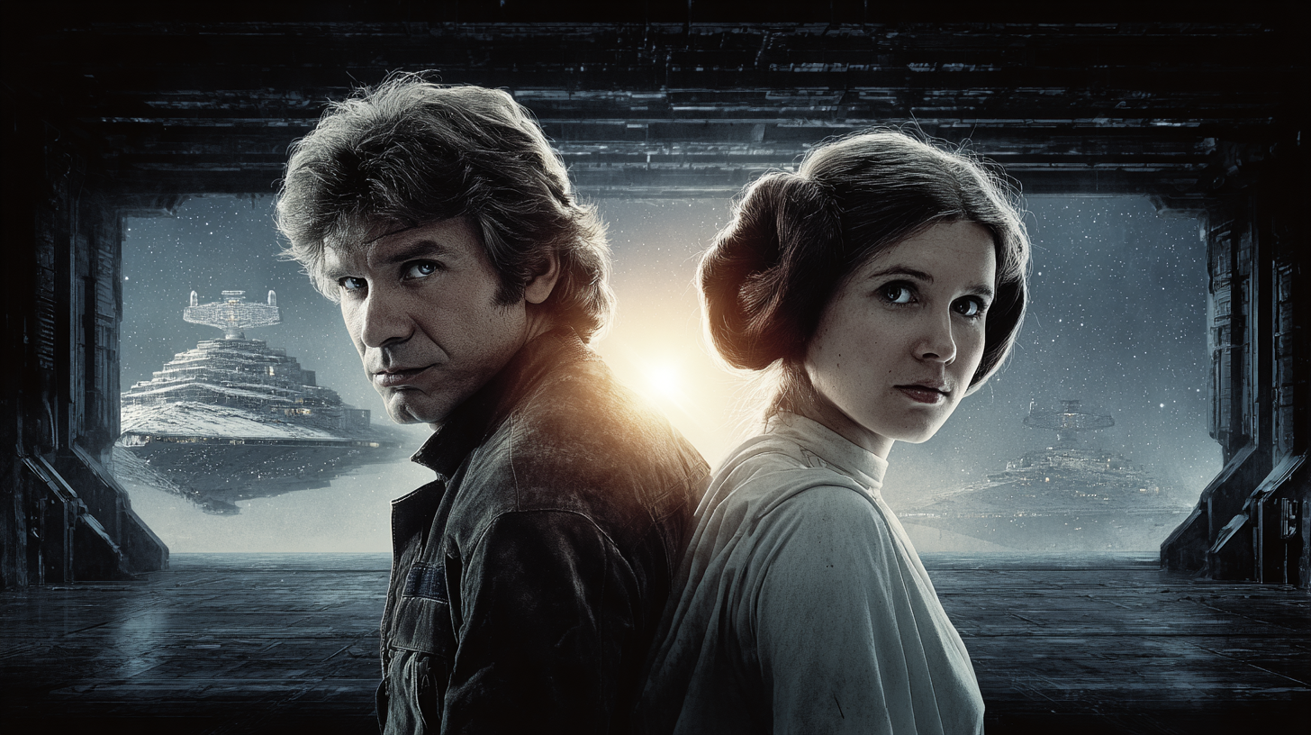Han Solo and Leia Organa standing back-to-back on Millennium Falcon ramp, starfield and Death Star II in background