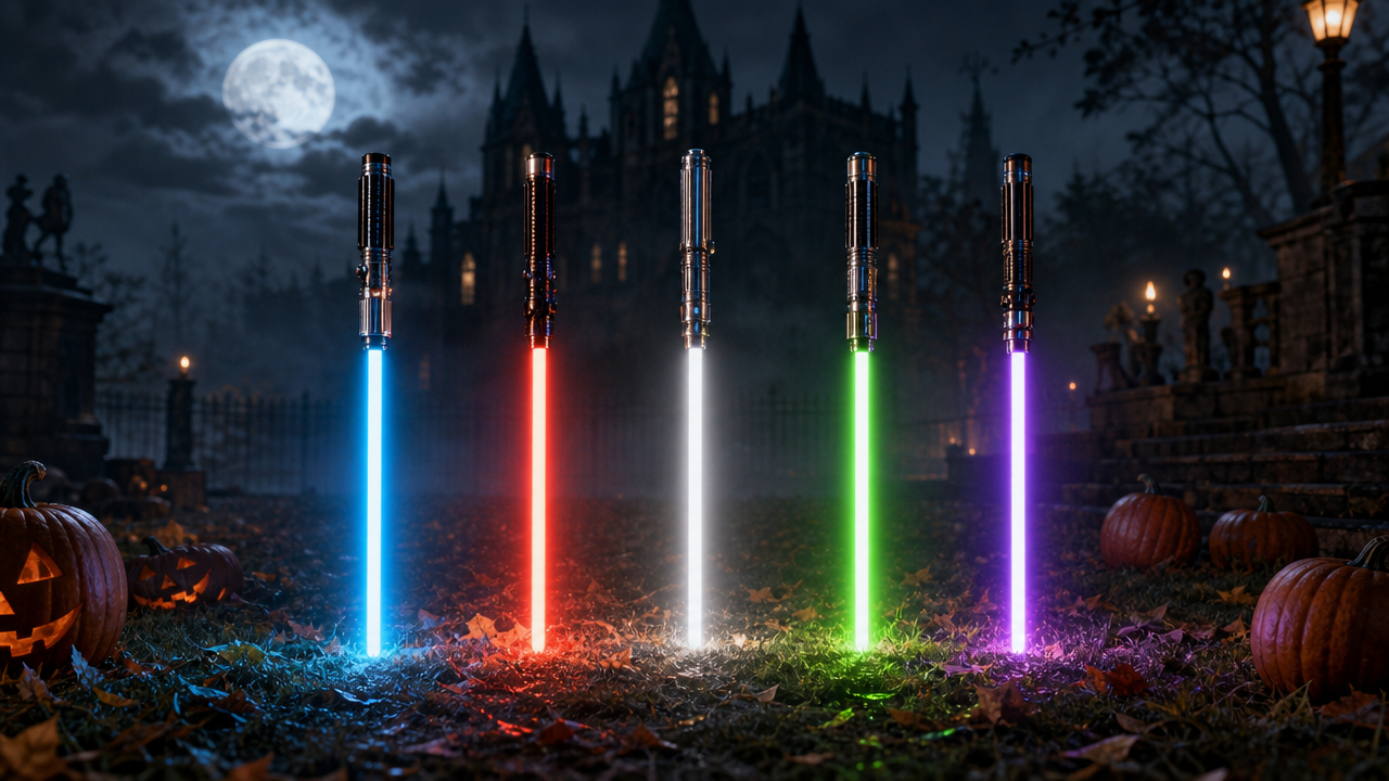 Halloween 2026 premium lightsabers cosplay guide hero image — five glowing lightsabers in blue, red, white, green, purple on dark night scene