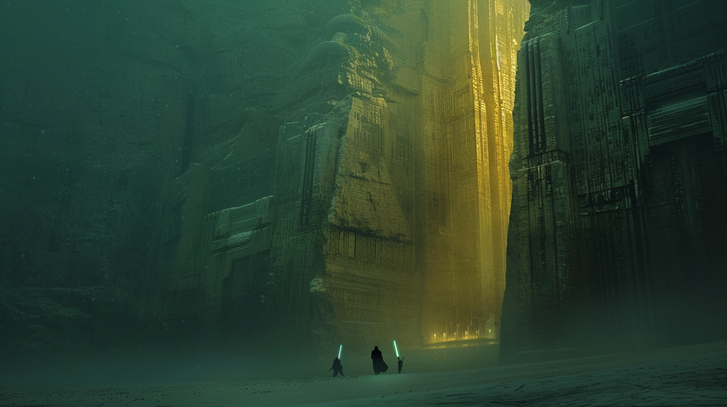 Mandalore palace at night with blue and gold lightsaber glows —  setting of Obi-Wan Kenobi and Satine Kryze's story