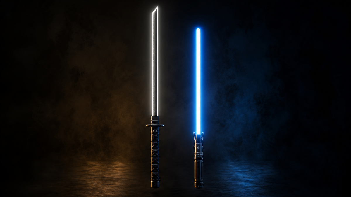 Katana-style lightsaber with flat blade vs standard lightsaber with round blade side by side