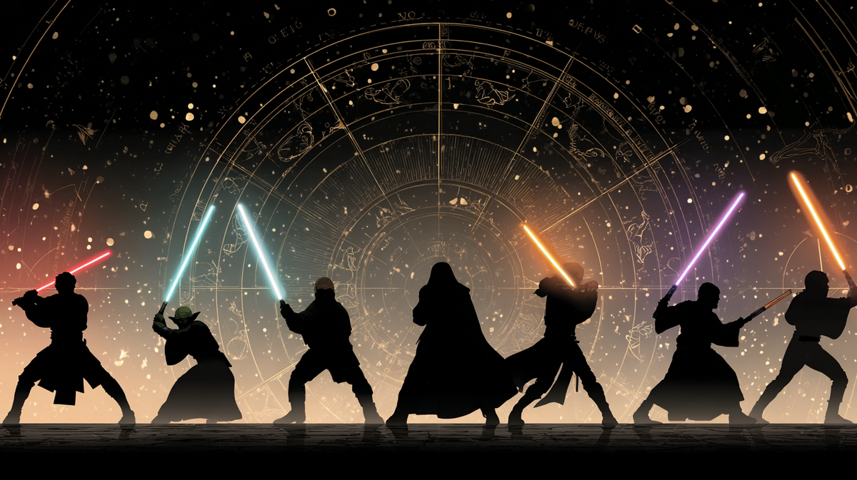All 7 lightsaber combat forms mapped to 12 zodiac signs: Shii-Cho, Makashi, Soresu, Ataru, Djem So, Niman, and Vaapad — each represented by iconic Star Wars characters including Obi-Wan, Anakin, Yoda, Mace Windu, and Count Dooku
