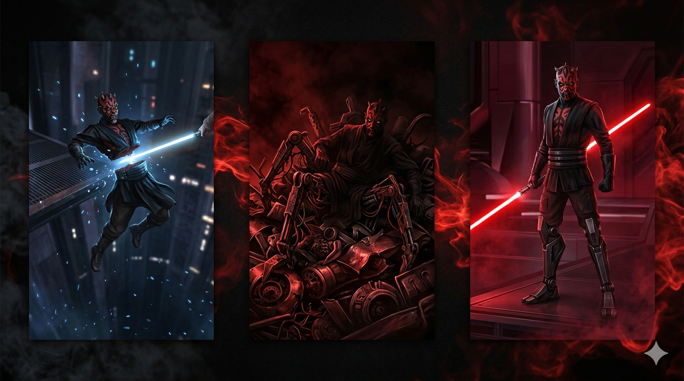 Triptych: Maul bisected on Naboo, surviving on Lotho Minor with spider legs, restored with double-bladed red saber
