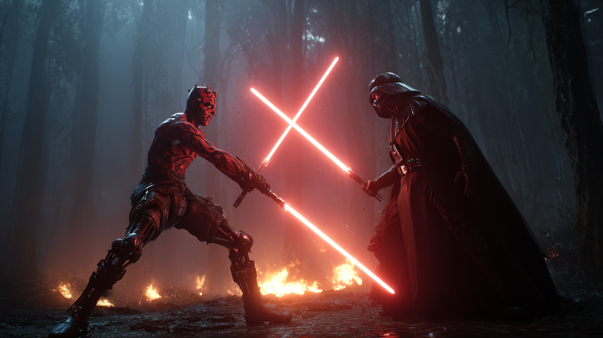 Darth Maul with damaged double-bladed red saber fighting Darth Vader with single red saber in foggy forest, blades clashing