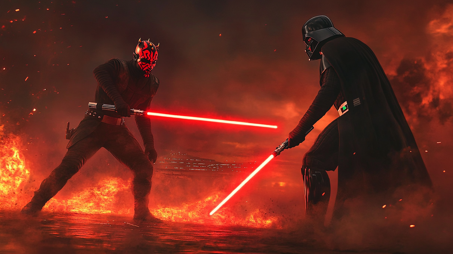 Darth Maul with double-bladed red lightsaber faces Darth Vader with single red blade on the occupied planet Janix — the most anticipated duel in Shadow Lord