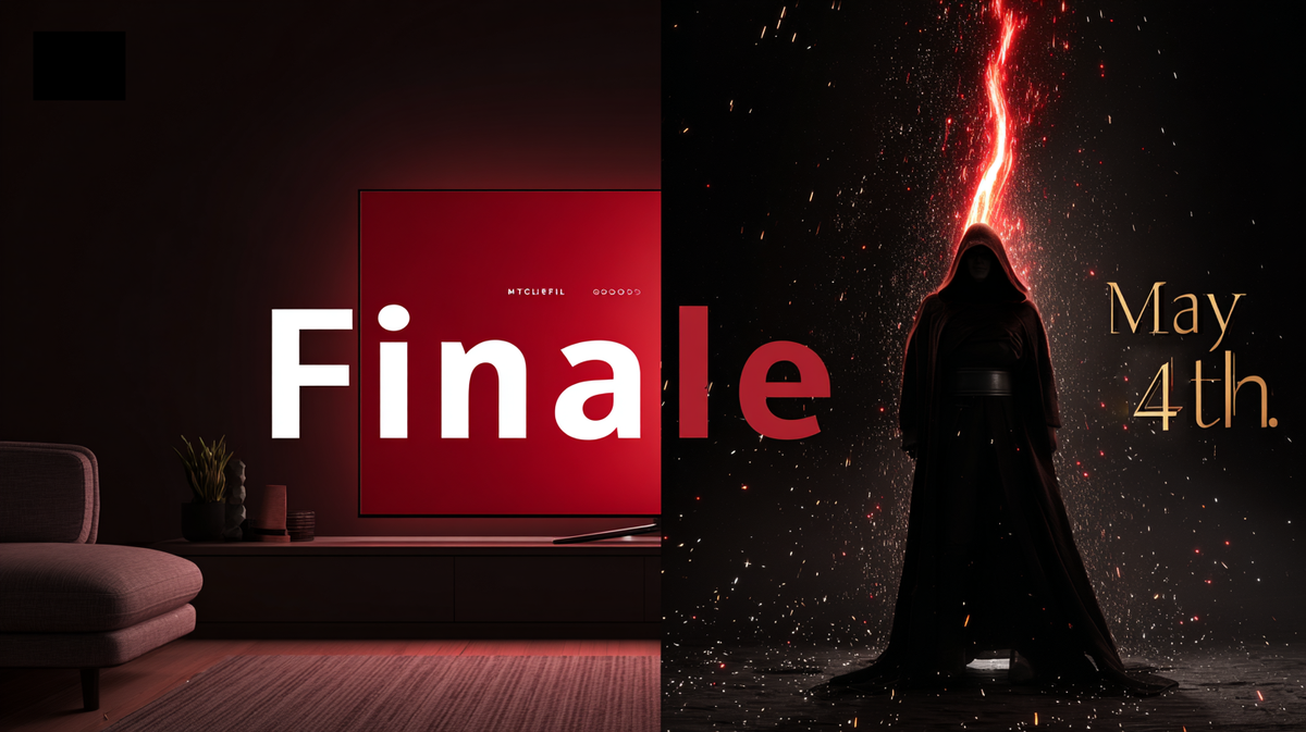 May the 4th 2026 celebration with Shadow Lord finale on TV screen and ignited Maul double-bladed Neopixel saber on display stand — red ambient lighting