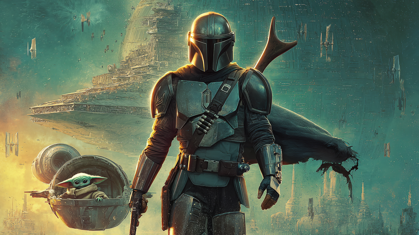The Mandalorian and Grogu 2026 film review and weapon guide cover: Din Djarin with Beskar short sword, Grogu with Force glow, battlefield background
