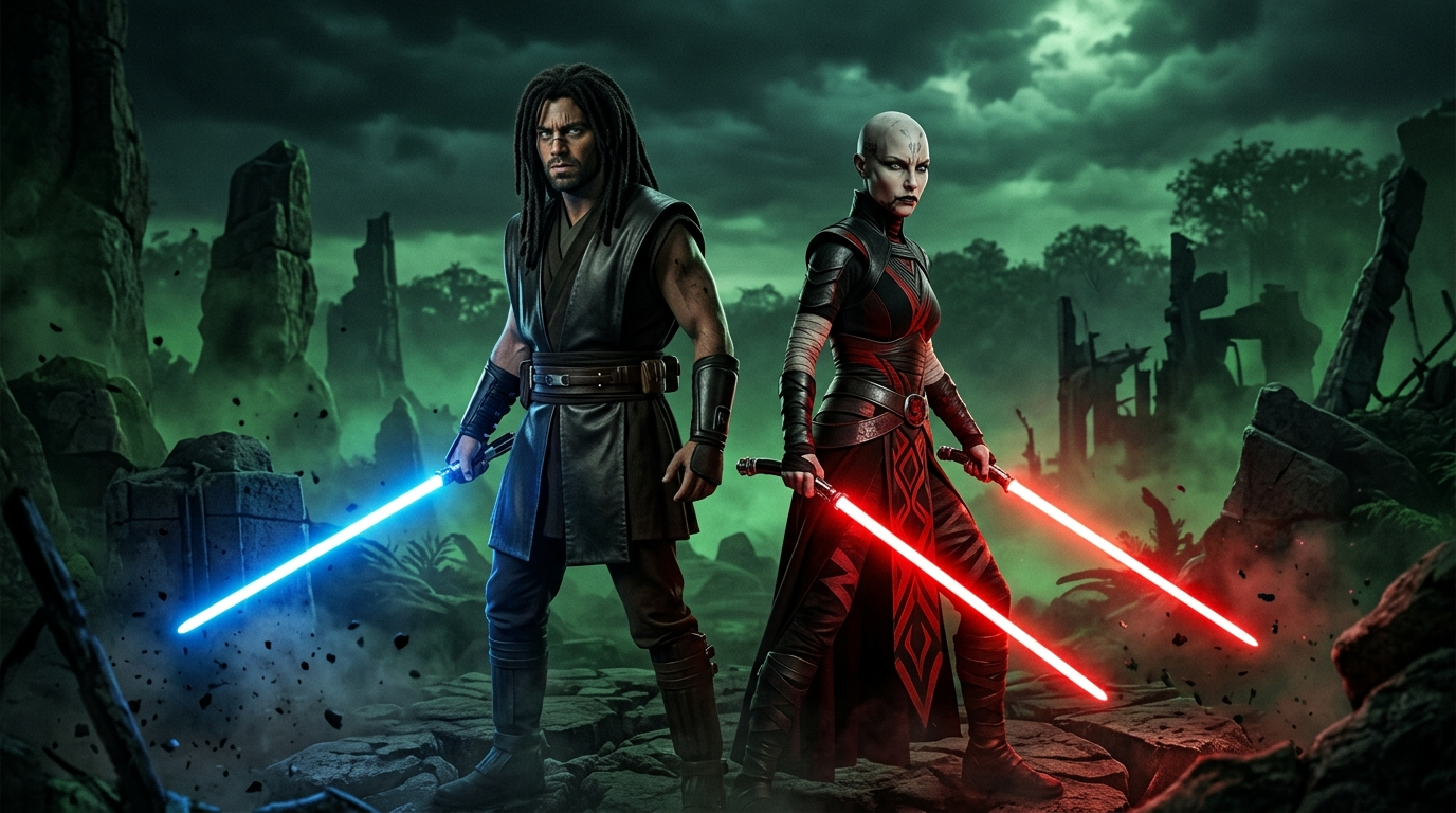 Quinlan Vos and Asajj Ventress back-to-back with blue and red sabers, Dathomir ruins background
