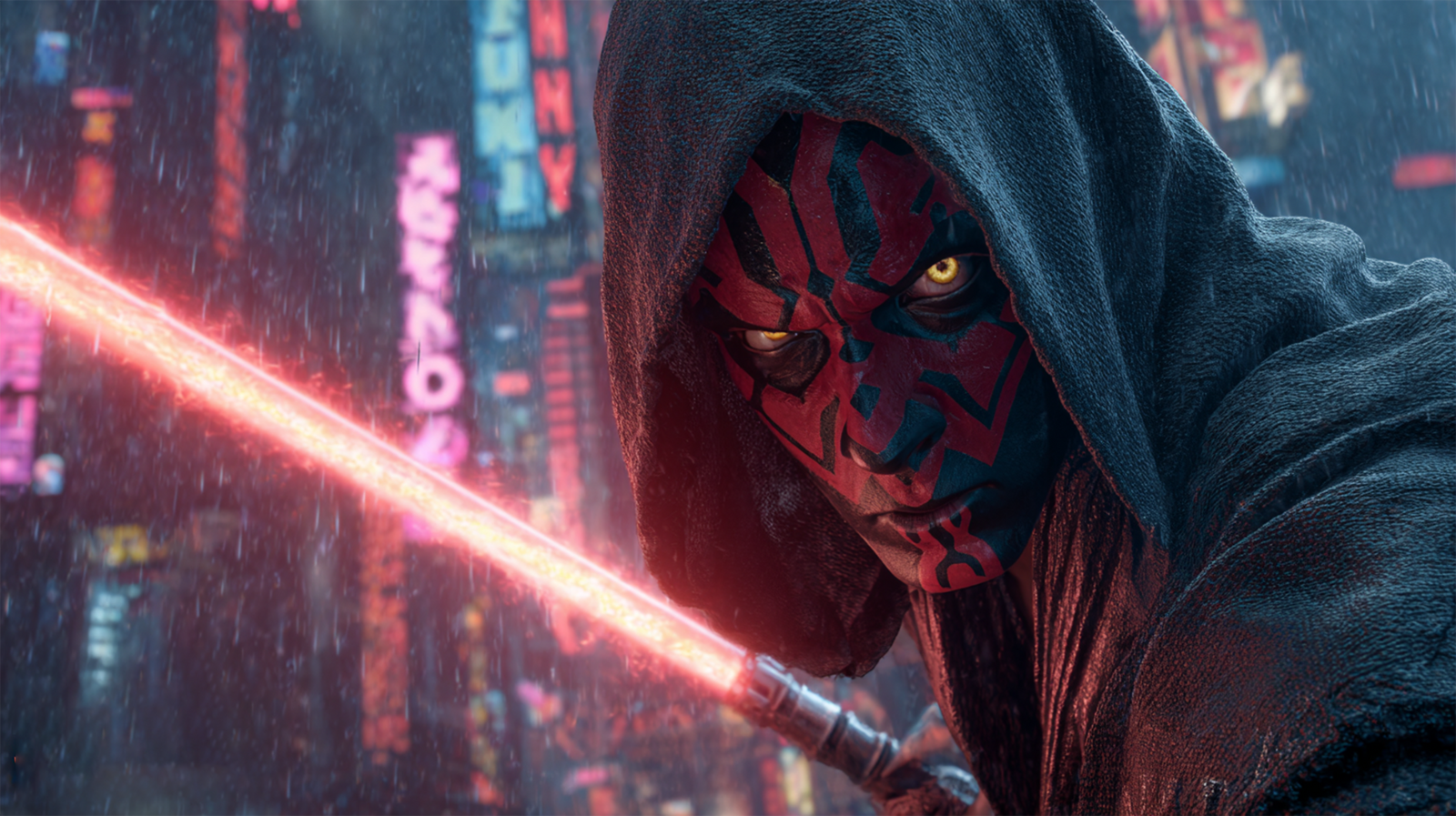 Darth Maul holding his new double-bladed lightsaber in the rain-slicked neon city of Janix from the Star Wars Shadow Lord 2026 premiere.