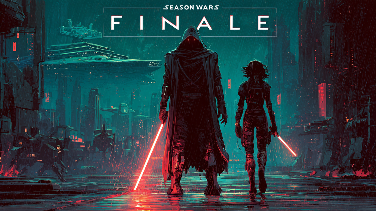 Shadow Lord Season 1 finale poster: hooded Maul with double-bladed red saber on rain-soaked neon street, Devon Izara with blue saber in shadow, Imperial Star Destroyer looming overhead