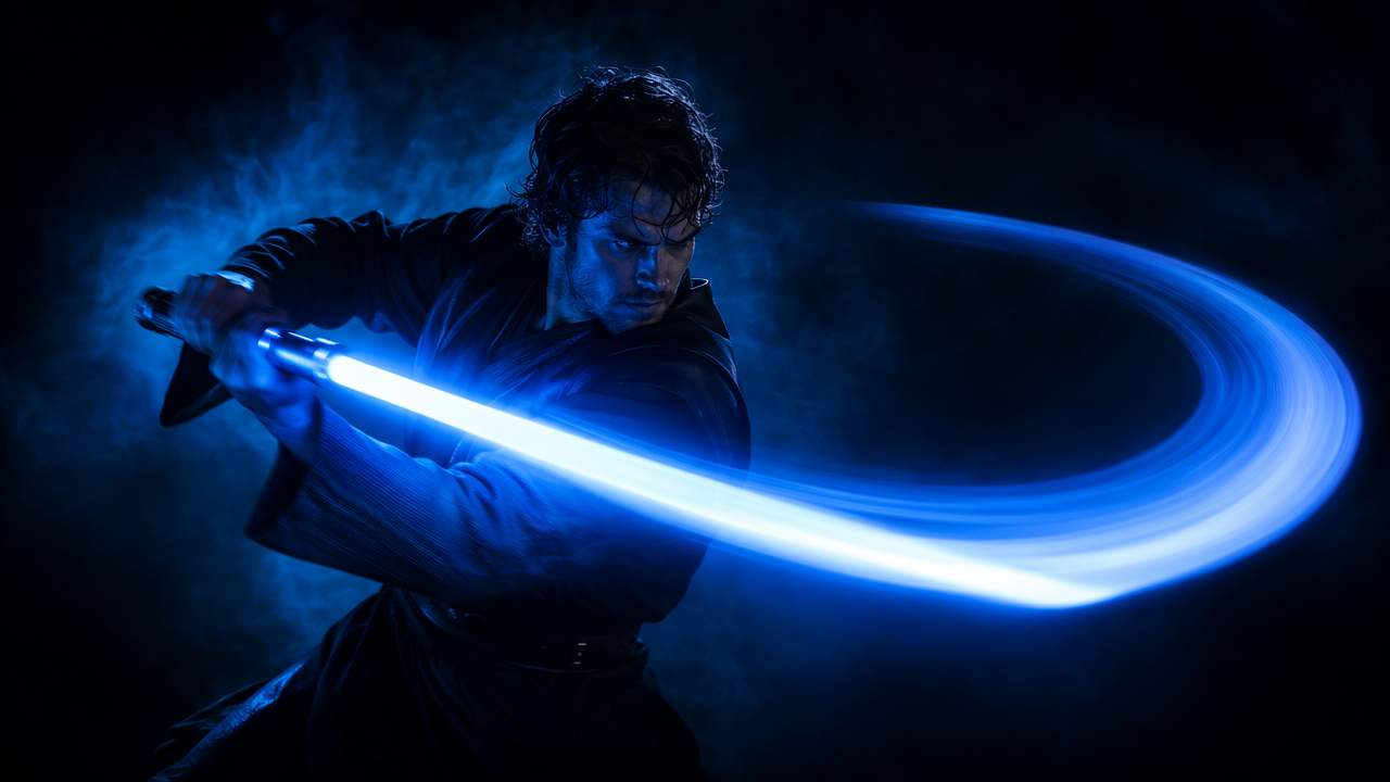 Neopixel saber mid-swing with motion blur, illustrating SmoothSwing speed-responsive audio