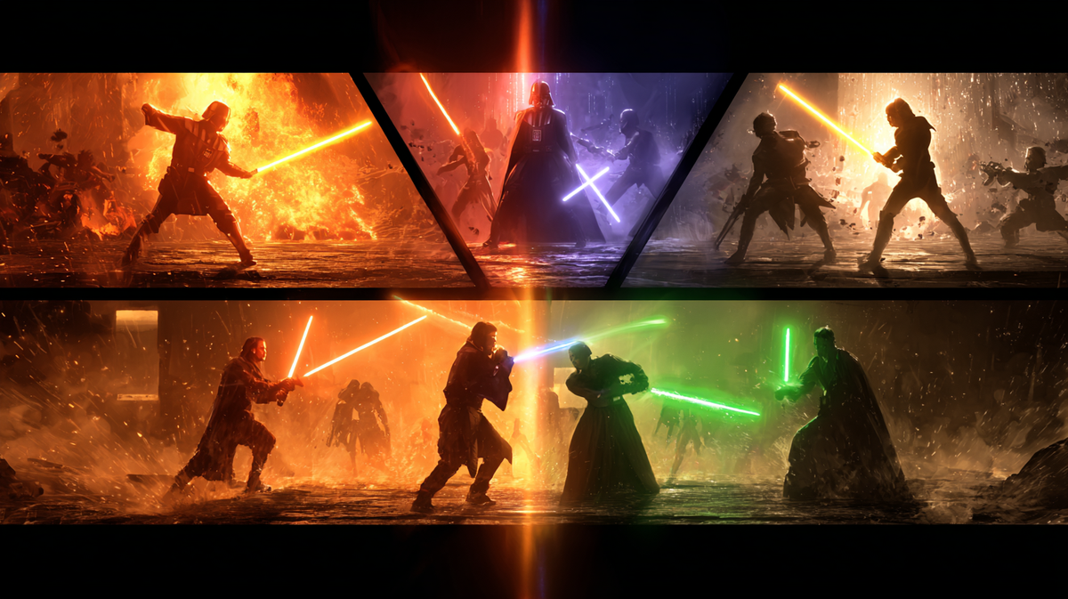 Top 10 Star Wars lightsaber duels ranked: Anakin vs Obi-Wan on Mustafar, Darth Maul double-blade vs Qui-Gon, Luke vs Vader throne room, Mace Windu purple blade vs Palpatine, Ahsoka white sabers vs Vader, Rey and Kylo vs Praetorian Guards — 2026 ranking