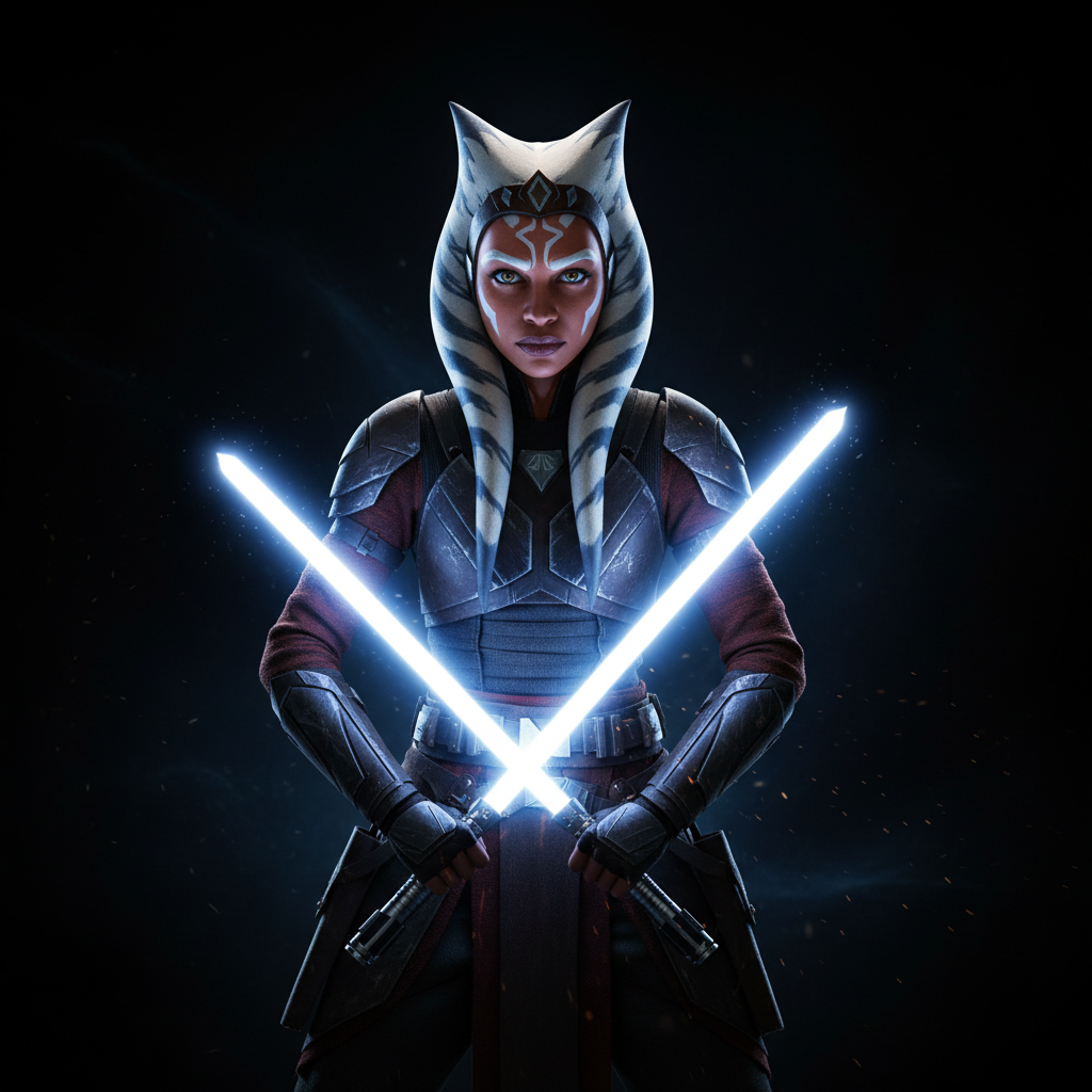 Cinematic hero shot of Ahsoka Tano holding two white lightsabers, dark background, blue-white glow, dramatic lighting, high detail, wide banner composition