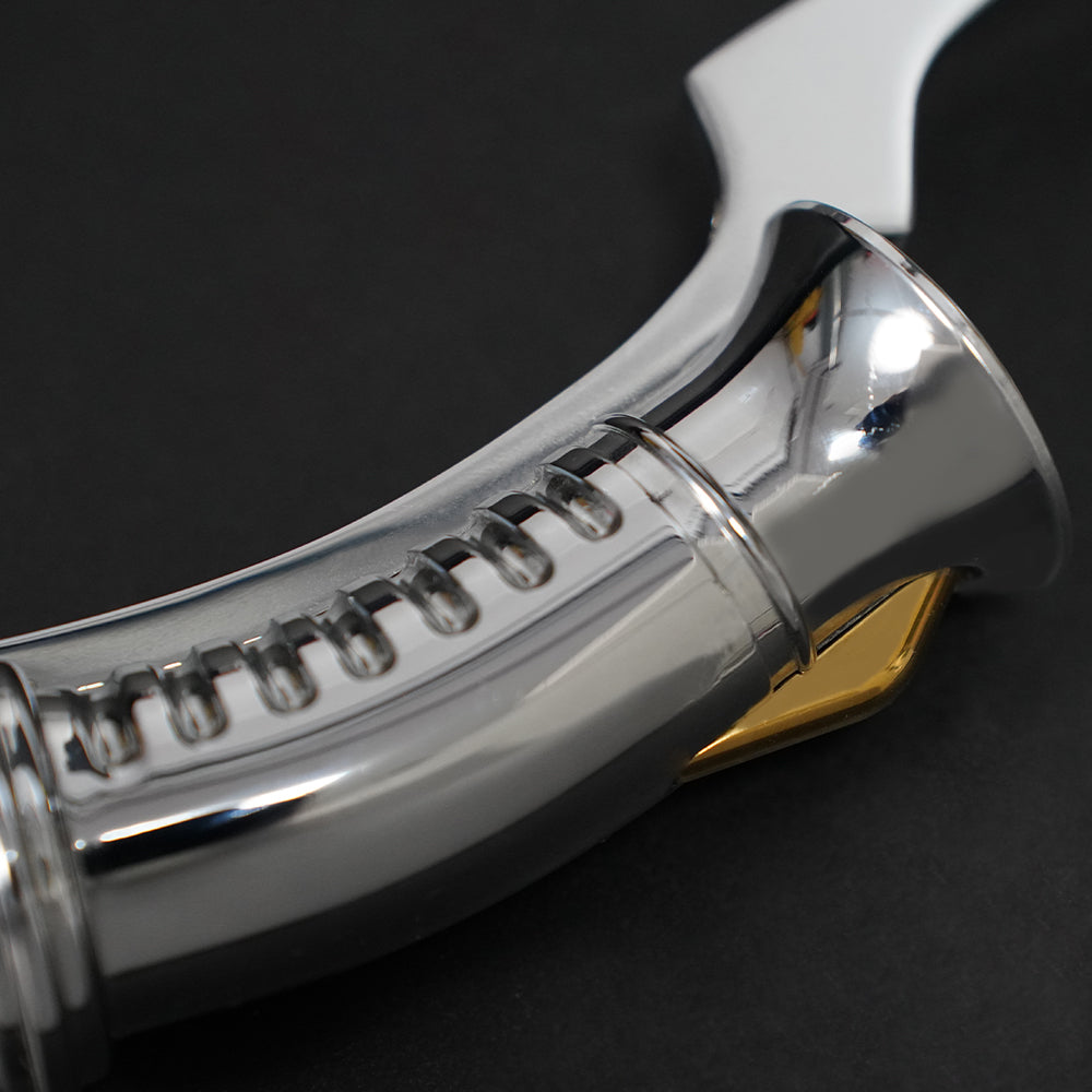 Close-up of the Dooku curved emitter section with polished ribbing and gold accent