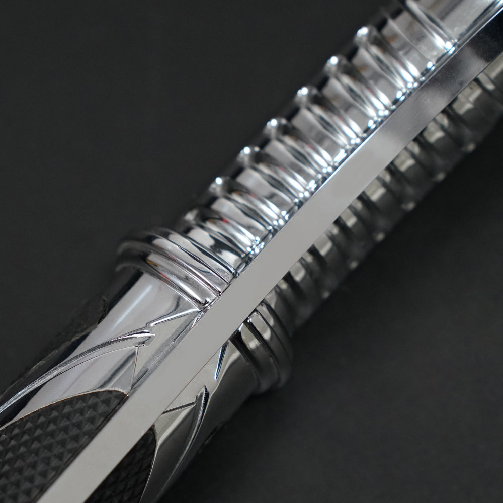 Close-up of the Dooku polished ribbed curved section and chrome guard detail