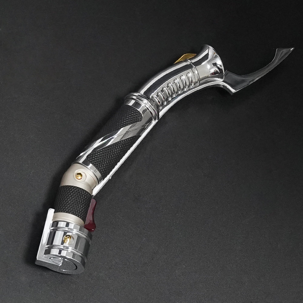 Reverse view of the 89Sabers Dooku curved hilt with polished silver and black detailing