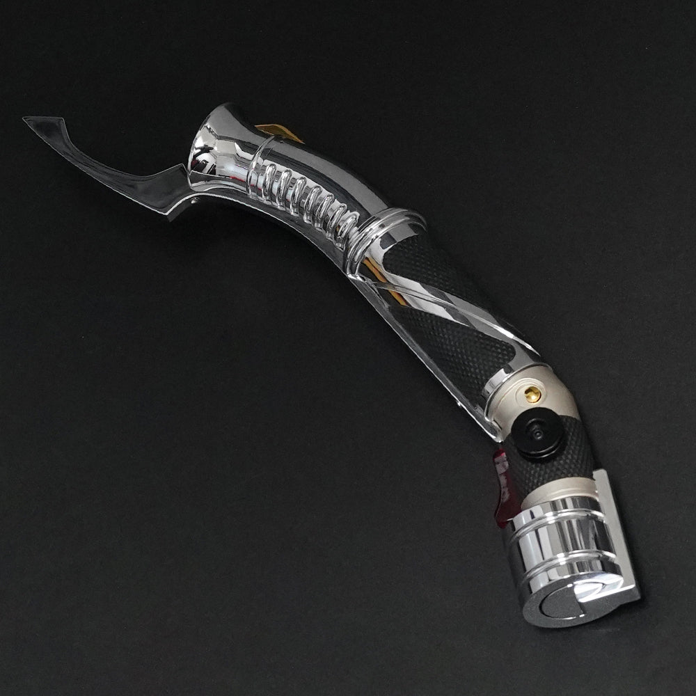 89Sabers Dooku curved hilt angled view with polished finish and textured black grip