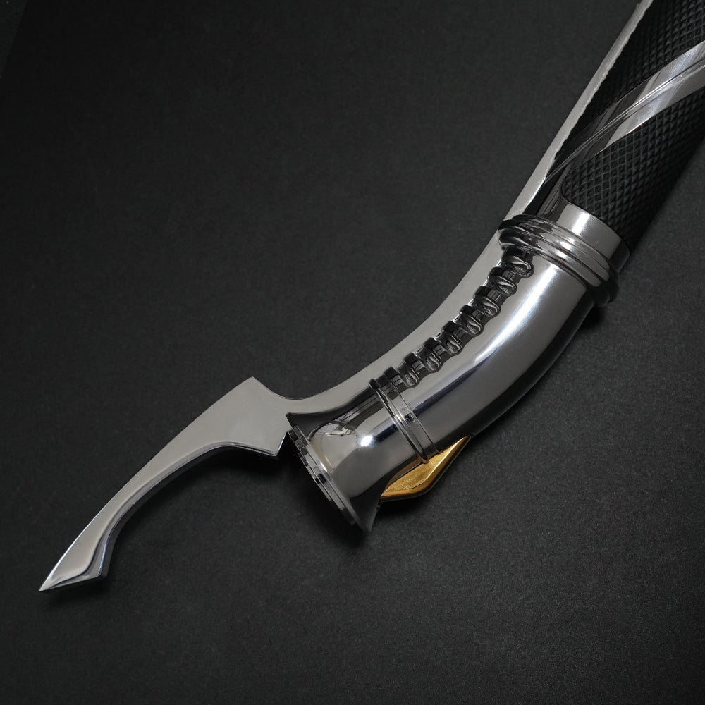 Full angled view of the 89Sabers Dooku hilt showing its signature curved profile