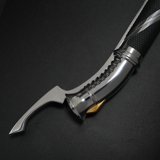 Full angled view of the 89Sabers Dooku hilt showing its signature curved profile