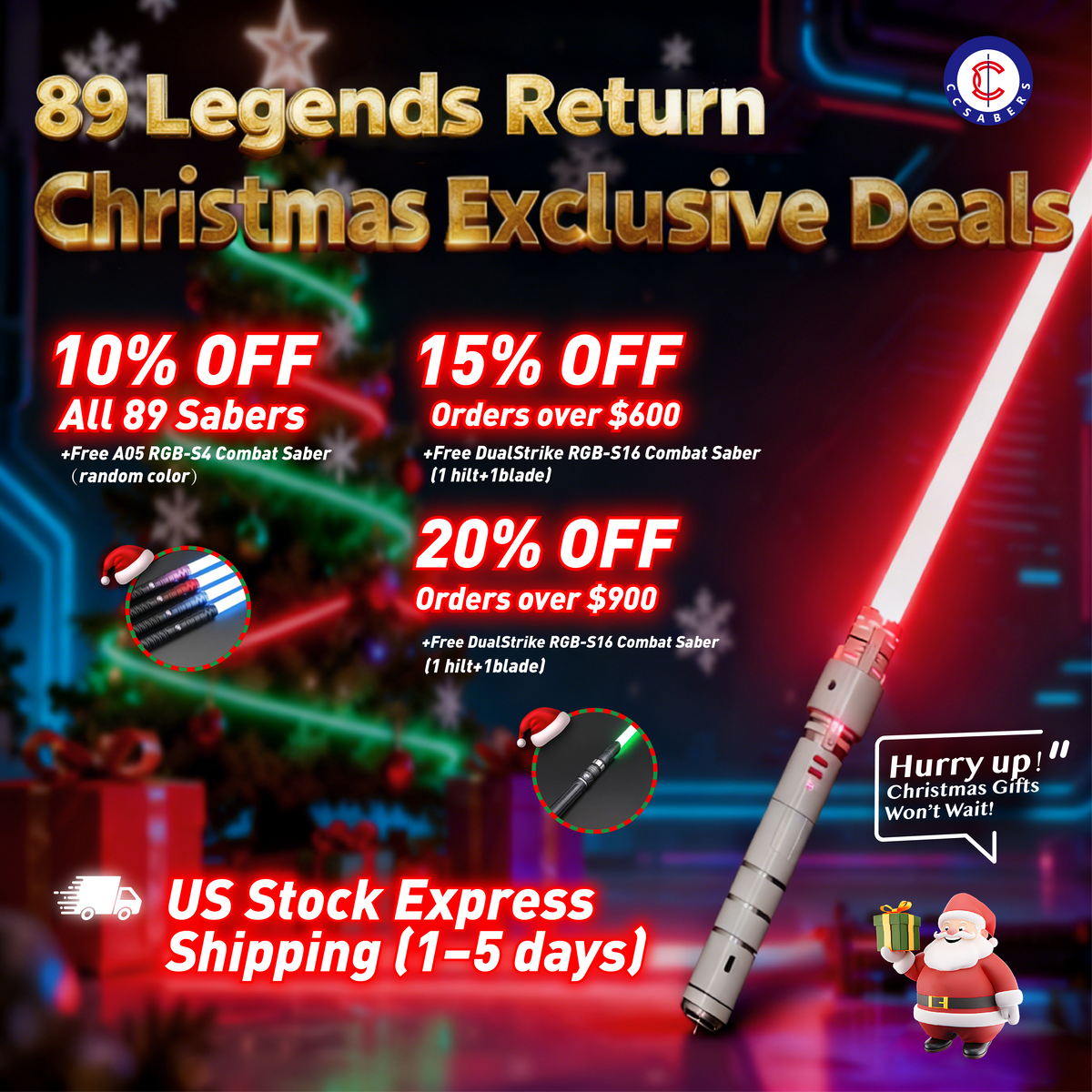 89 Sabers Christmas sale’s major discounts, two free gifts, and US stock shipping benefit. Legendary Free Gifts: DualStrike RGB-16 & A05 RGB-S4 Combat Sabers Included!