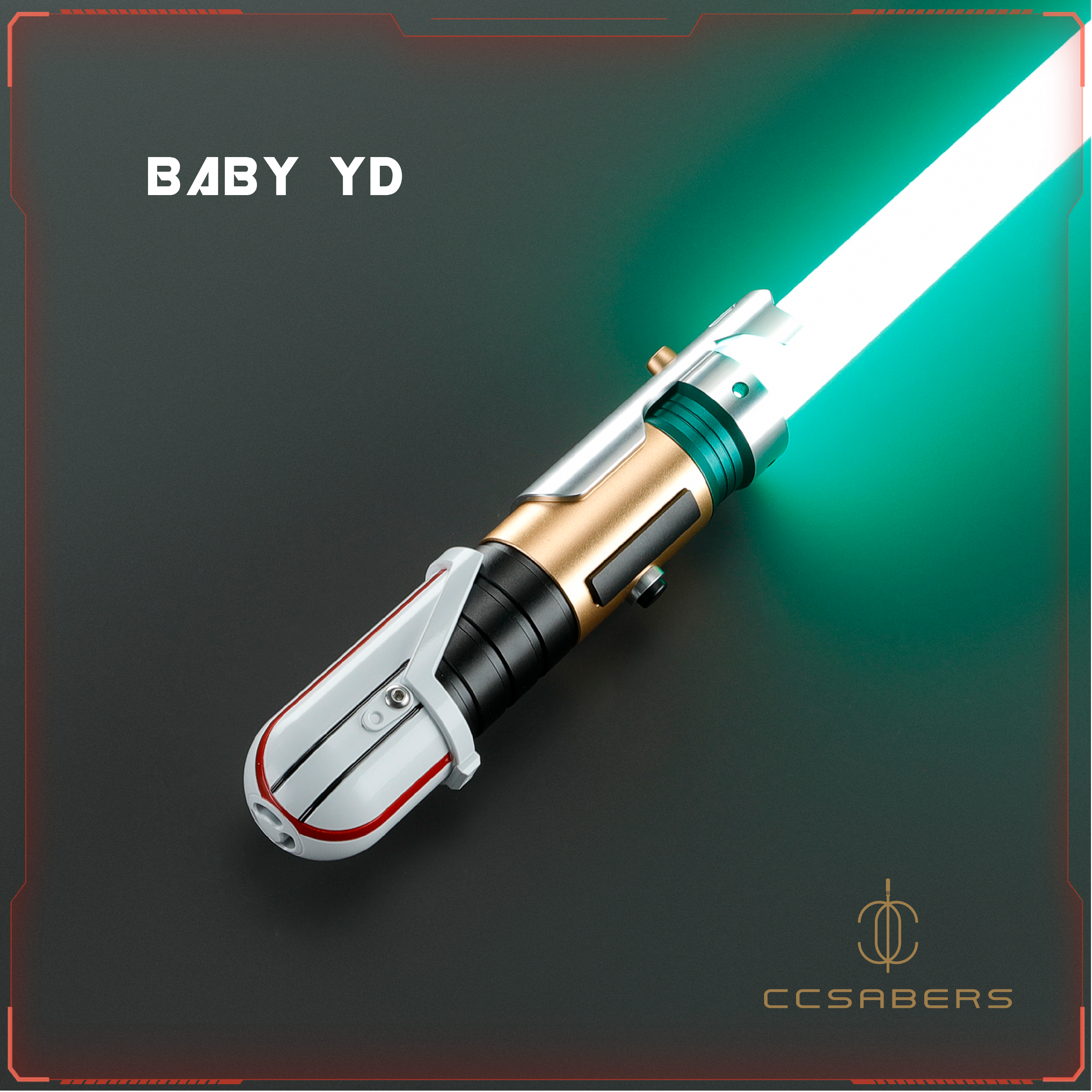 CCSabers Baby YD RGB Neopixel Saber — Grogu Baby Yoda themed gold black hilt with red white detailing