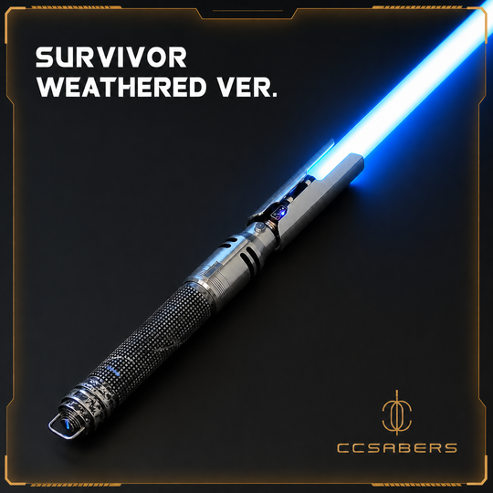A weathered silver double-bladed saber with a glowing blue blade, presented diagonally on a dark background with a gold border. The text 'SURVIVOR WEATHERED VER.