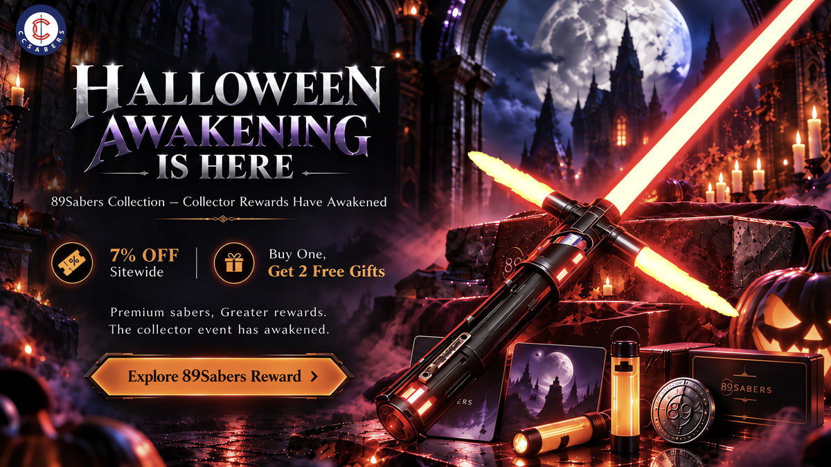 89Sabers Halloween Awakening: 7% off sitewide. Buy one 89Sabers saber and get a Mando RGB saber plus a Keychain Flashlight; 89Sabers orders over $700 get a Maul-Ventress SE RGB saber pair plus a Keychain Flashlight.
