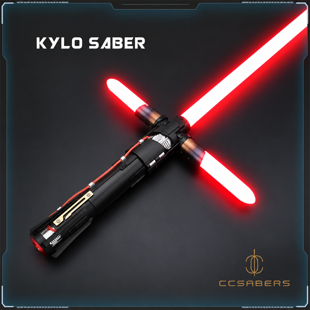 Kylo Saber TXQ main image with red crossguard blades, blue tech frame, and CCSabers logo