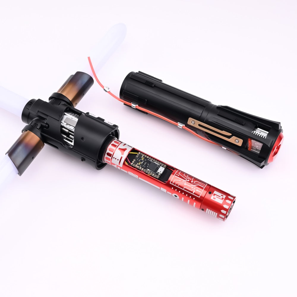 Disassembled Kylo Saber hilt showing the removable red electronics chassis