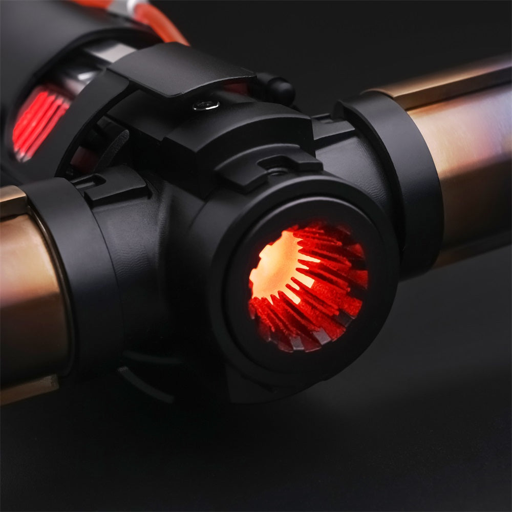 Close-up of the Kylo Saber red illuminated central emitter and side emitters