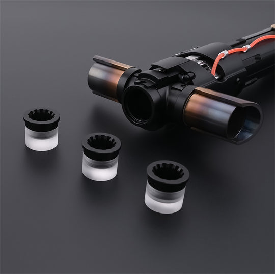 Kylo Saber crossguard emitter with three blade plugs displayed