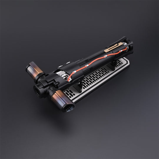 Kylo Saber hilt resting on a black vented display stand