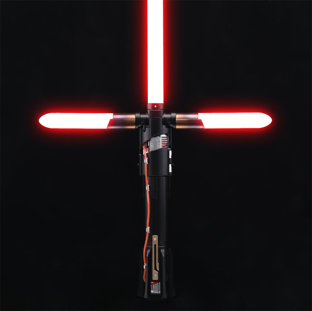 Kylo Saber with three red crossguard blades illuminated against black