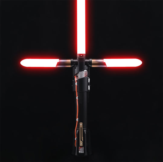 Kylo Saber with three red crossguard blades illuminated against black