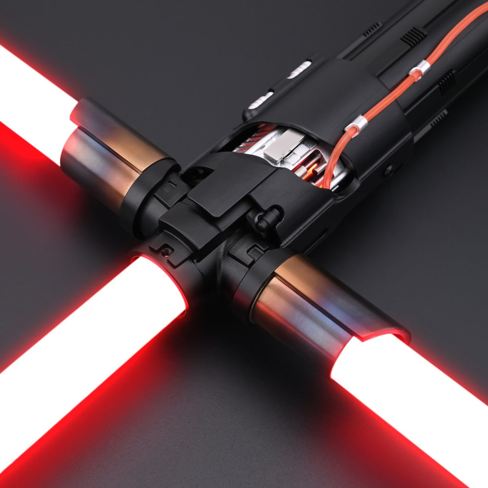 Close-up of the Kylo Saber crossguard with illuminated red side blades